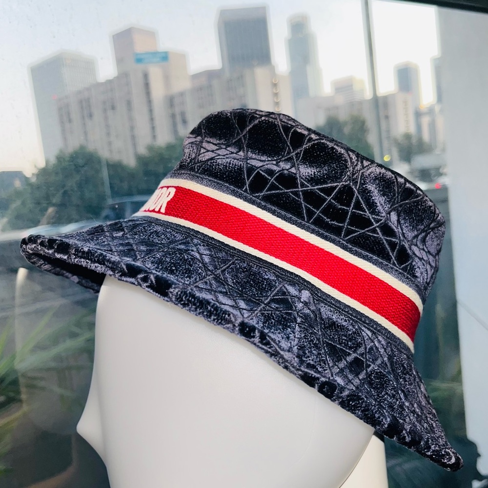 Dior: Velour Corduroy Christian Dior Paris Logo Cannage Embroidered Hat - Picture 8 of 16